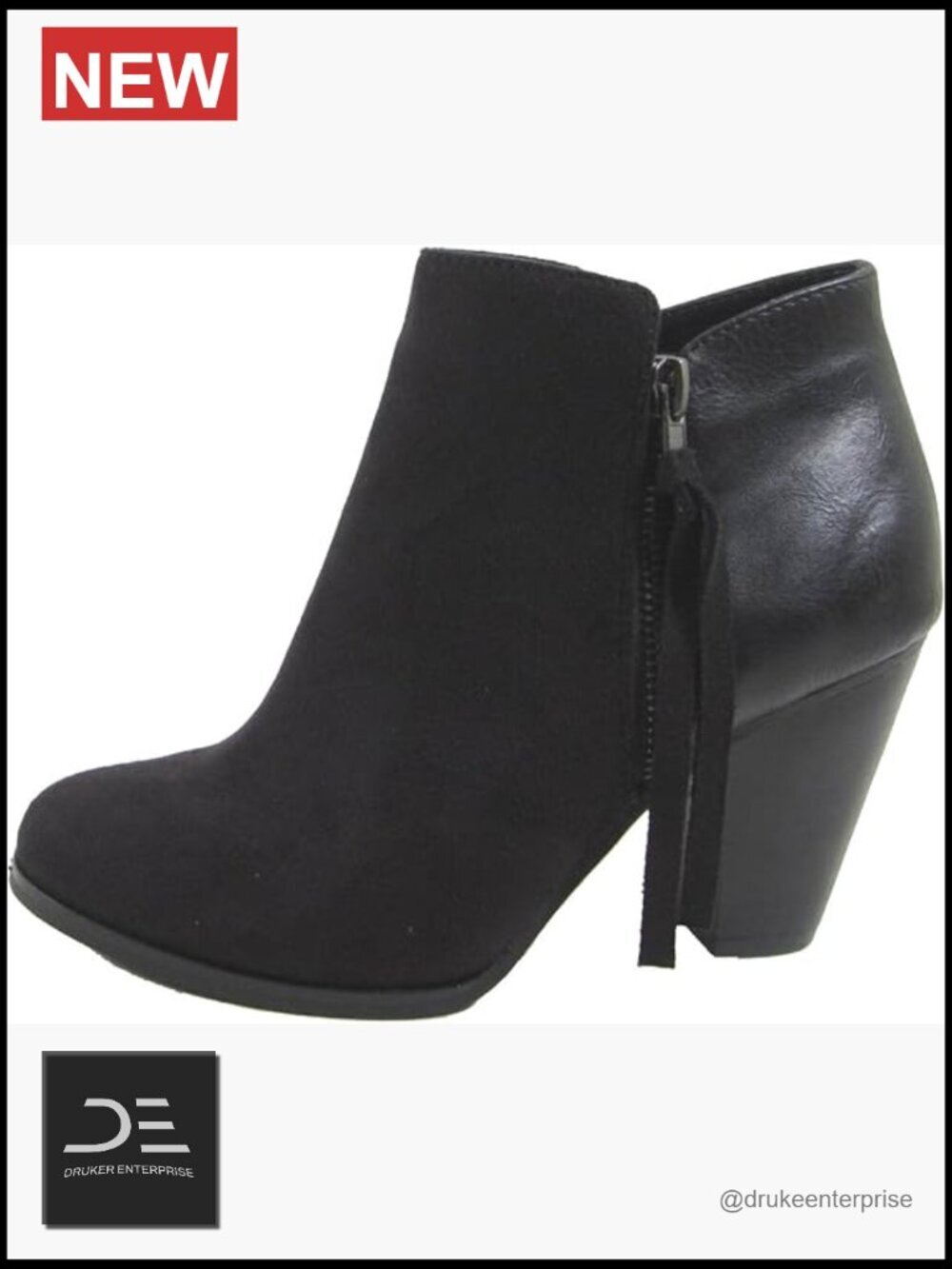 Tassel Zip Chunky Heel Bootie, Leather, Side Zipper, 3" Heel